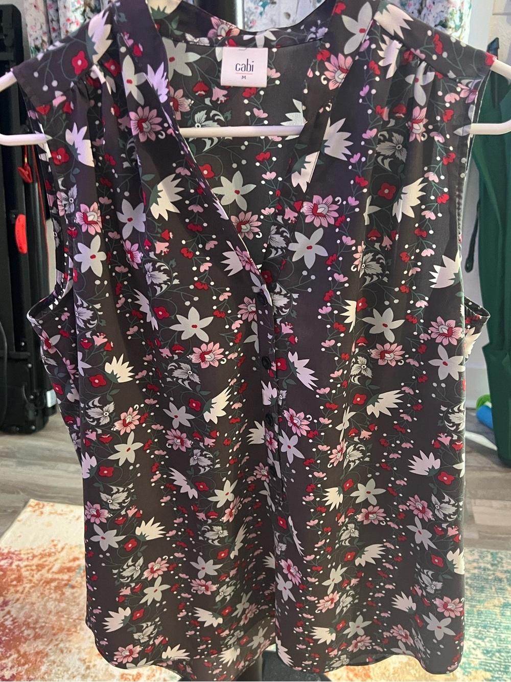 CAbi Sleeveless Floral V-Neck Camisole in Black, Pink, White